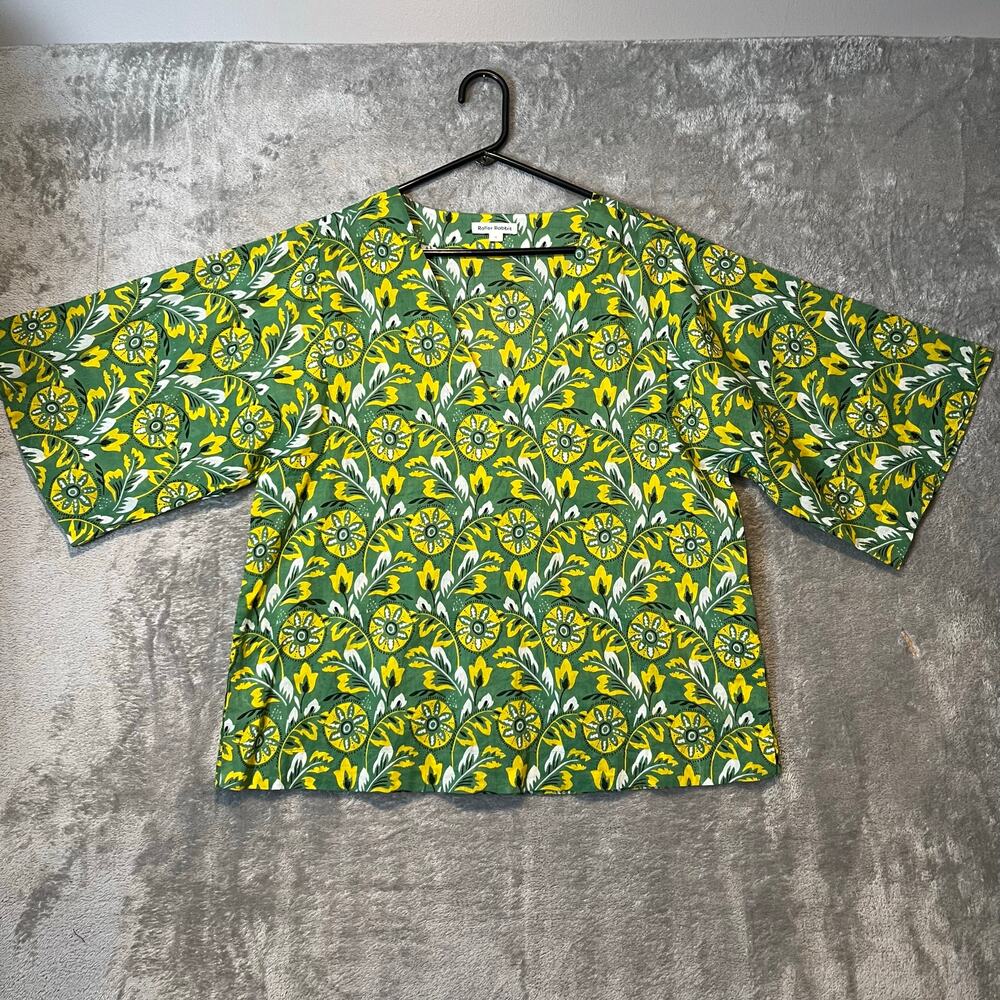 Roller Rabbit Green Zanna‎ Floral Print V Neck Top 100% Cotton Boxy Fit Light